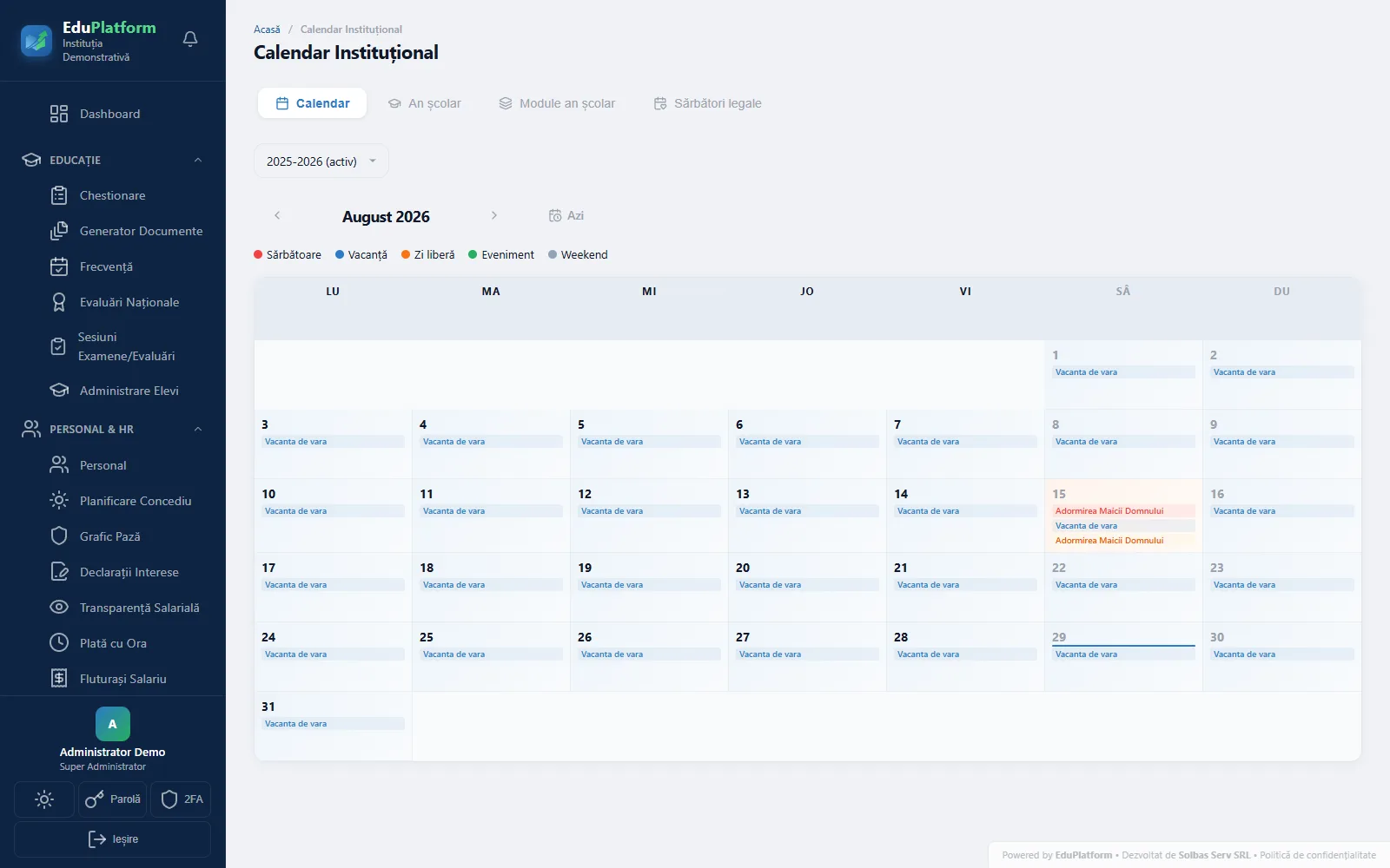 Calendar Instituțional — Ce gestionează